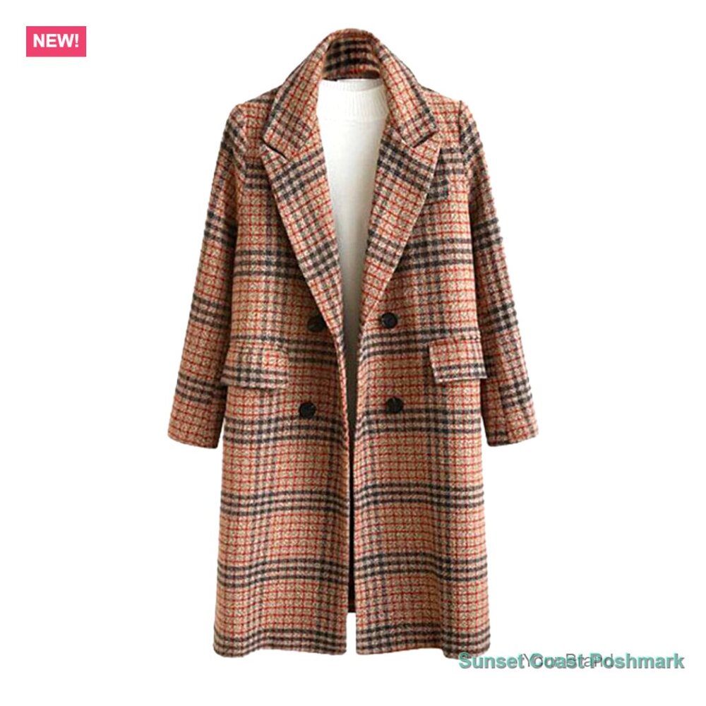 Women's Woolen Plaid Double Breasted Long Peacoat Jacket